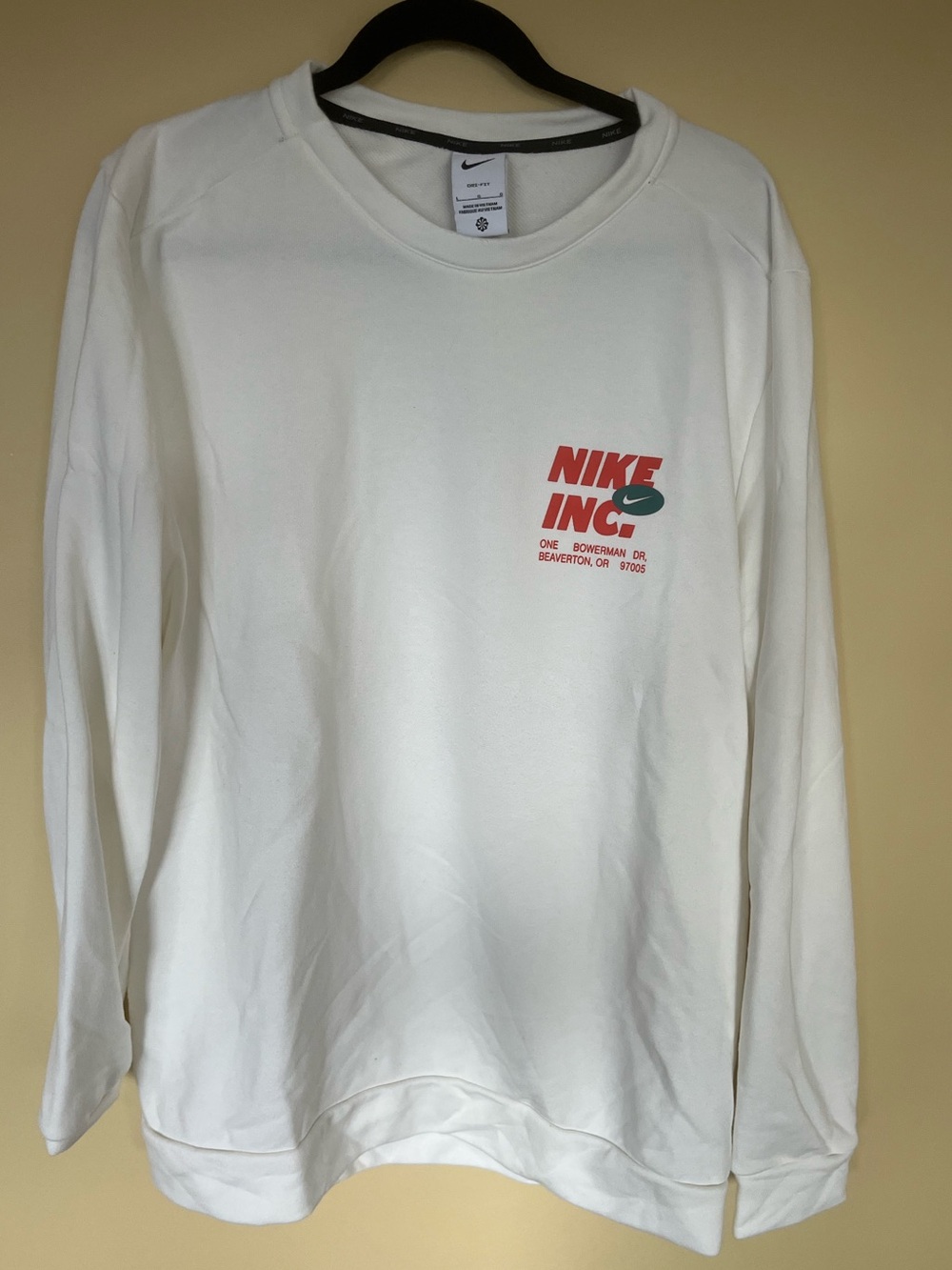 Nike White Long-Sleeve Sweatshirt with Red 'OPEN 24/7' Back Print